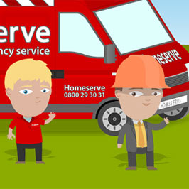 Image of two cartoon men standing in front of a Homeserve van 